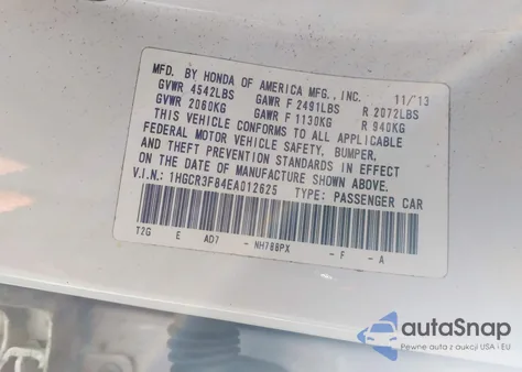 2014 Honda Accord Ex-L V-6 из США, поврежденный, VIN 1HGCR3F84EA012625